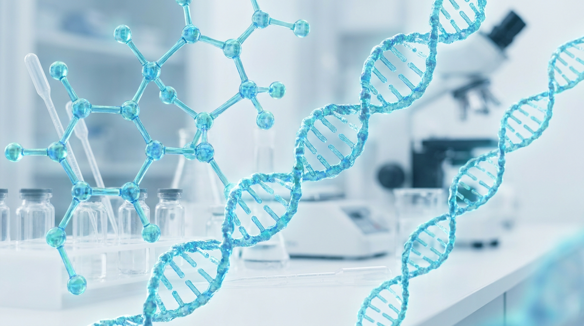 Abstract laboratory visualization representing BPC-157 peptide research and tissue-repair research pathways